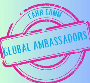 Carr Gomm Global Ambassador logo - Print circle on a bleu and green gradient background