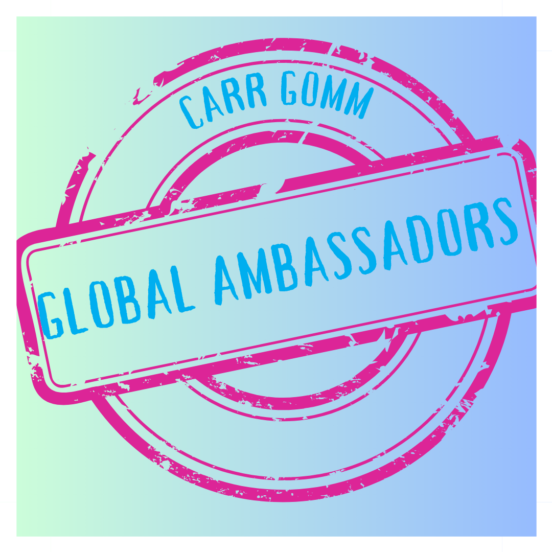 Carr Gomm Global Ambassador logo - Print circle on a bleu and green gradient background